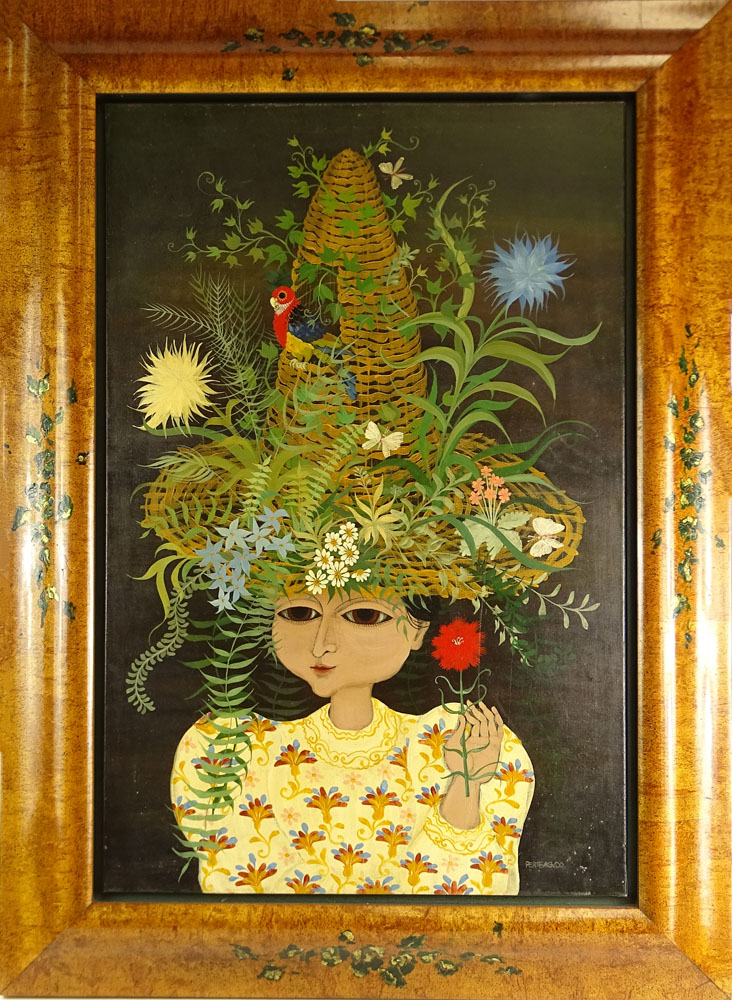 Carlos Perteagudo (b. 1937) Oil on canvas "Girl With Parrot Hat" 