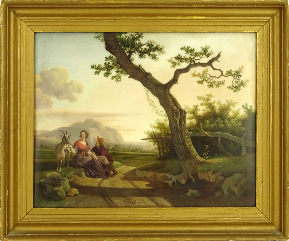 Large 19th Century Continental Hand Painted Porcelain Plaque "Two Lovers Feeding Goat" 