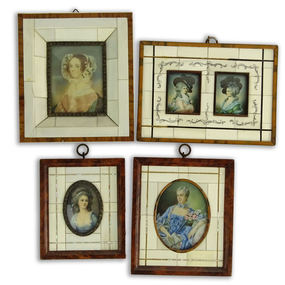 Collection of four (4) antique German hand painted Ivory miniature portraits of Lady's