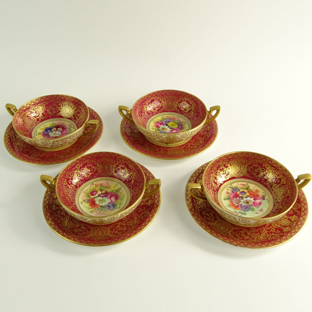 Set of Four (4) Circa 1925 Royal Worcester Hand Painted Cream Soup Bowls and Saucers.