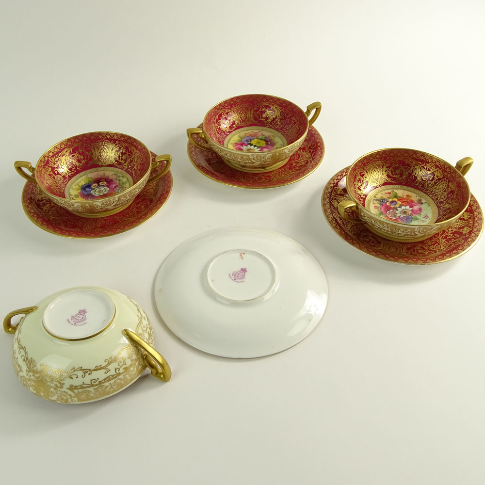 Set of Four (4) Circa 1925 Royal Worcester Hand Painted Cream Soup Bowls and Saucers.