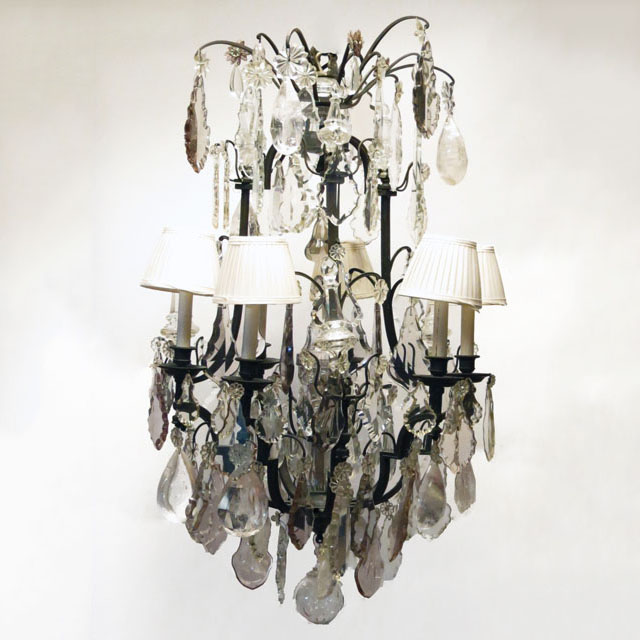 Fine Quality 19/20th Century French Possibly Baccarat Louis XV style Bronze Cage Six (6) Light Chandelier with Rock Crystal