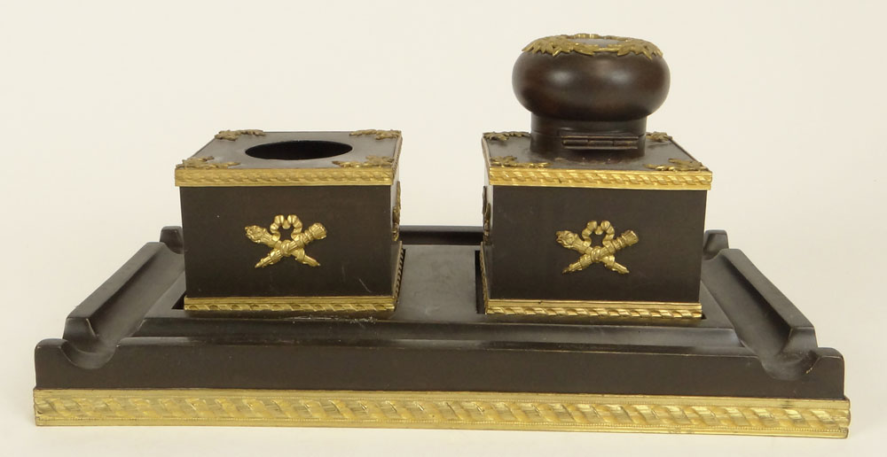 French Empire style Patinated and Gilt Bronze Inkstand.