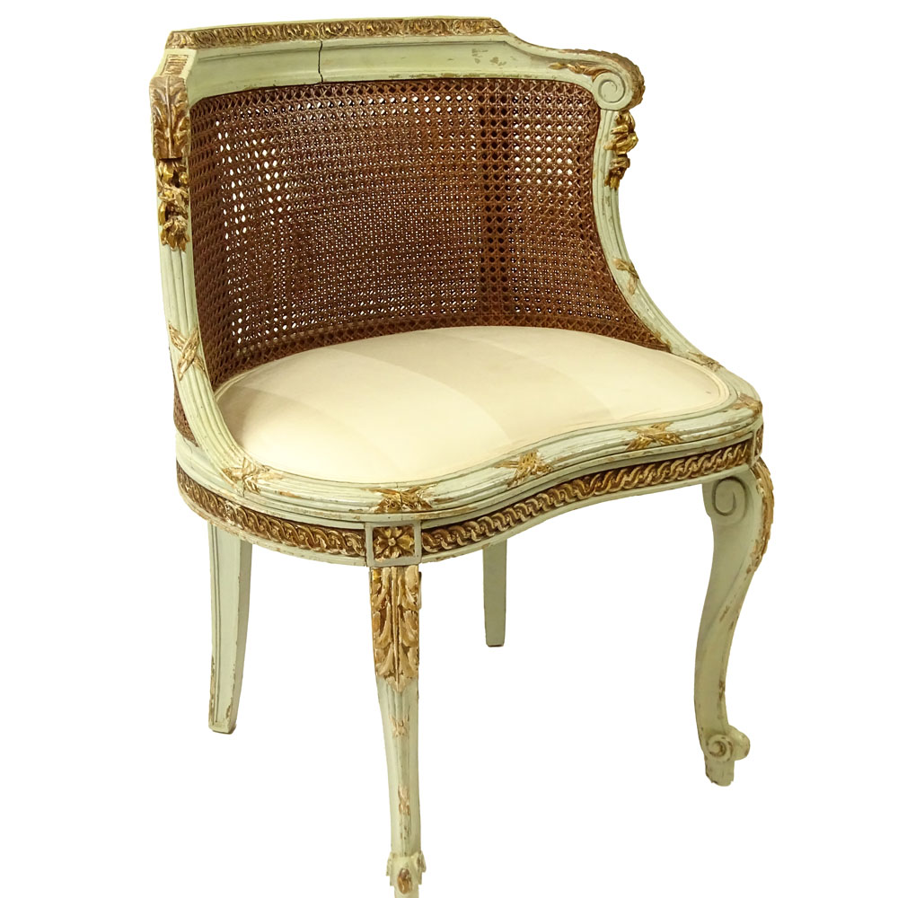 Early 20th Century French Louis XV style Painted and Parcel Gilt Wood Vanity Cane Back Chair.