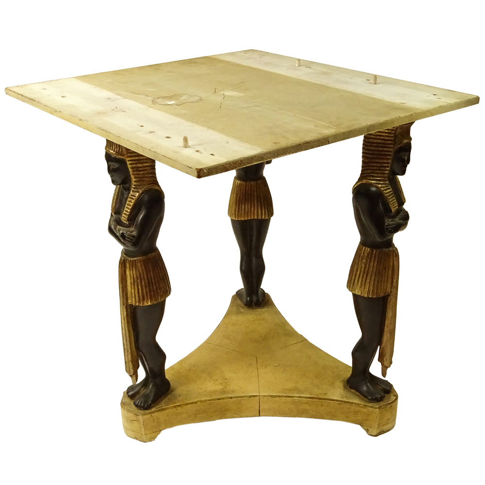 Mid 20th C Carved Painted and Parcel Gilt wood Egyptian Revival Table Base.
