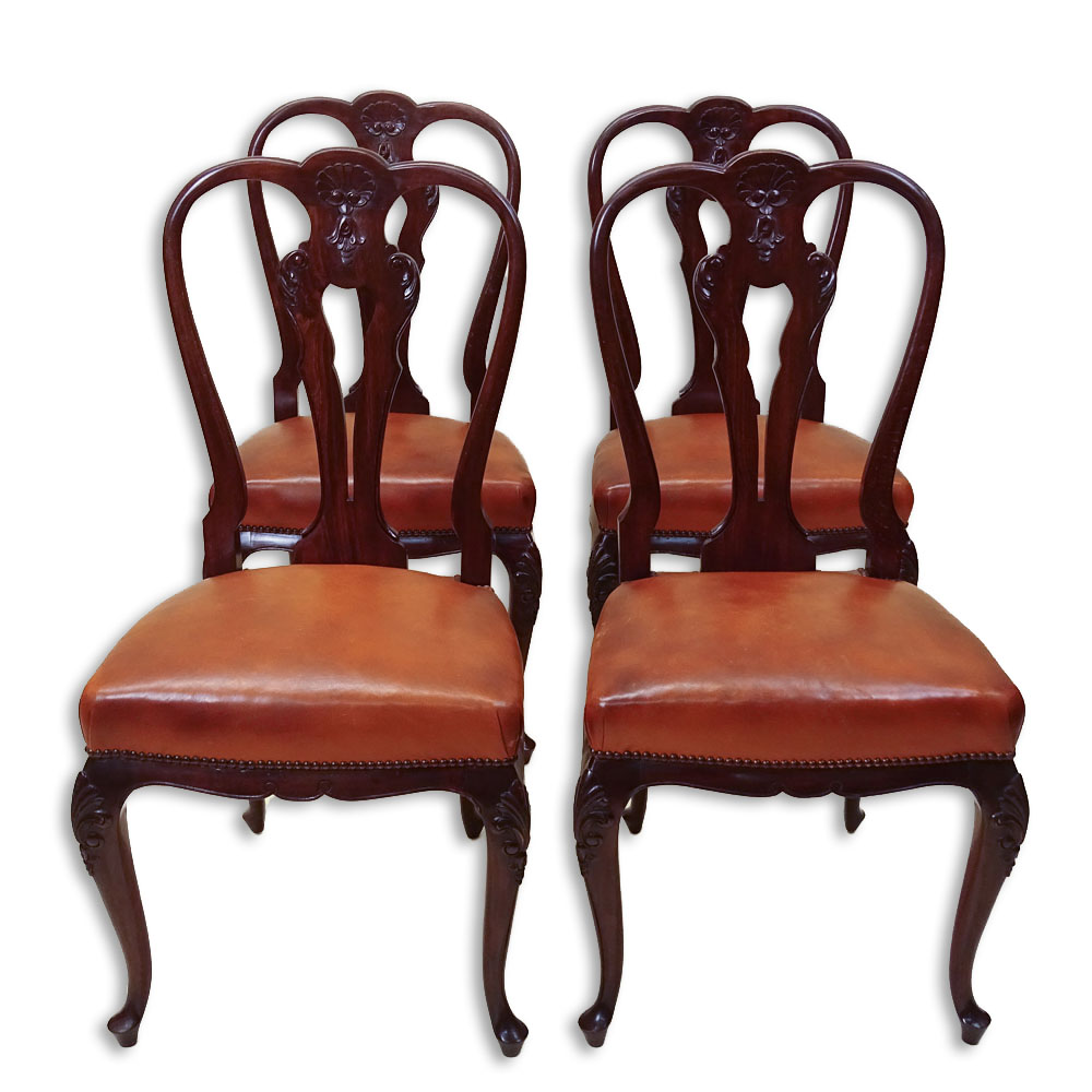 Set of 4 Early to Mid 20th C Queen Anne Style Chairs. Leather seats.