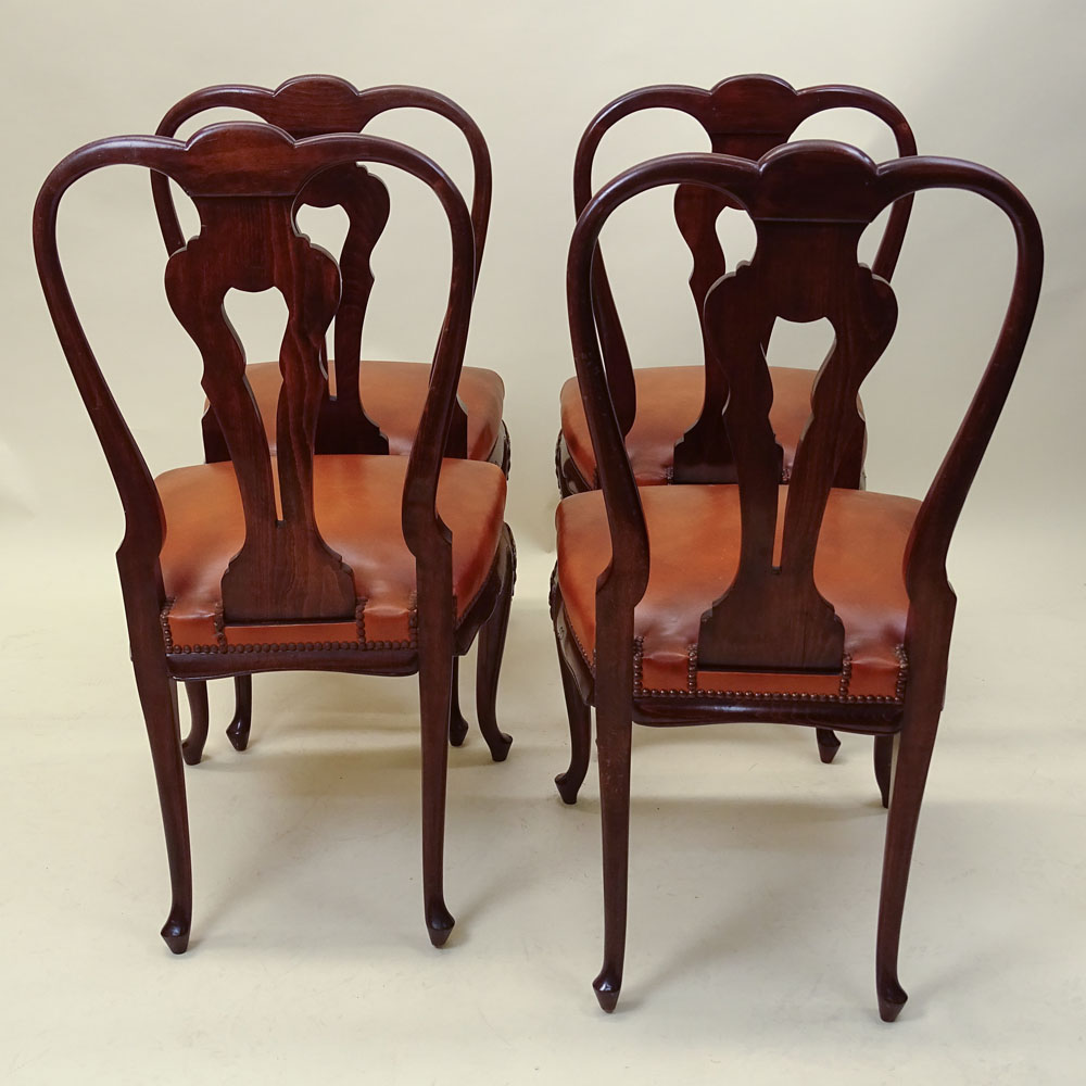 Set of 4 Early to Mid 20th C Queen Anne Style Chairs. Leather seats.