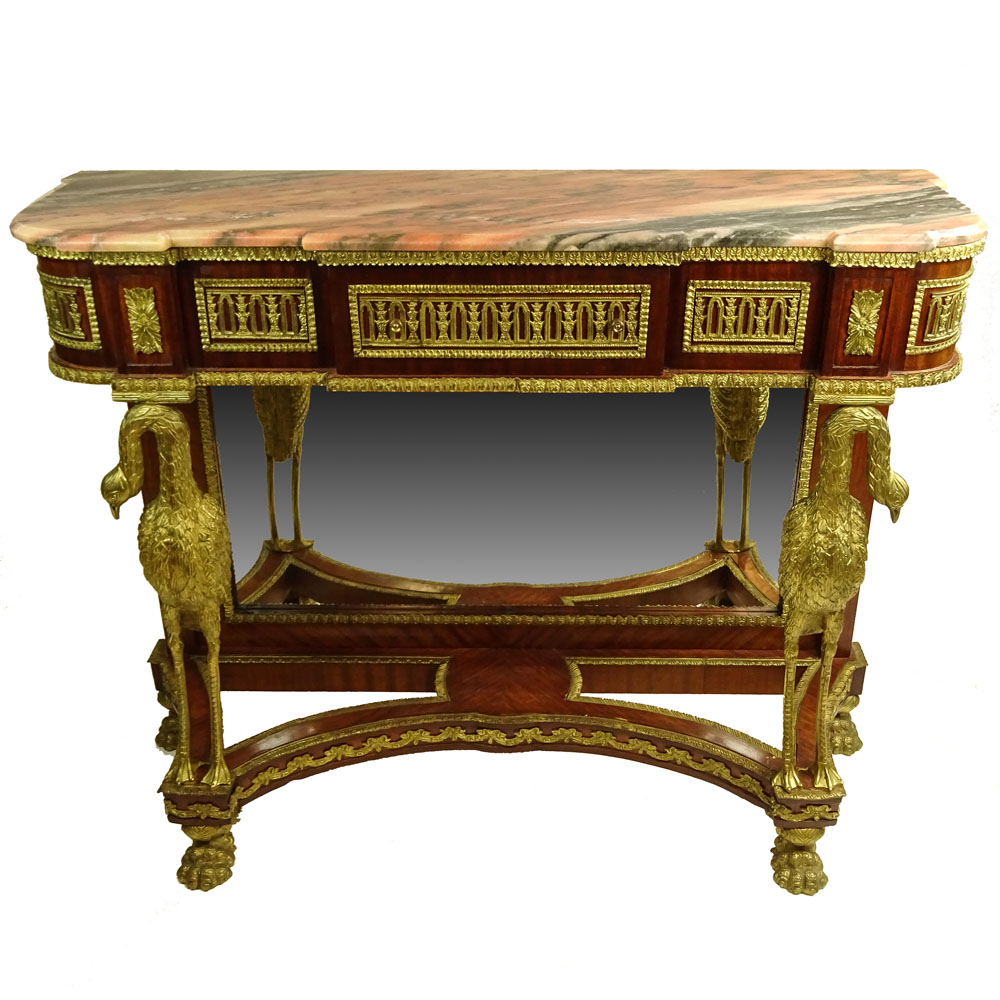 Modern Bronze Mounted Mahogany Marble Topped Console.
