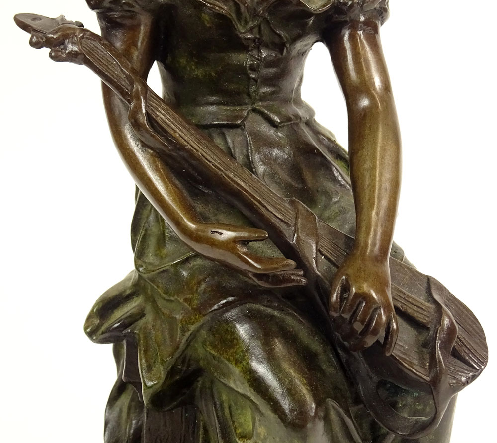 Hippolyte François Moreau, French (1832-1927) Bronze Sculpture "Girl With Guitar" 
