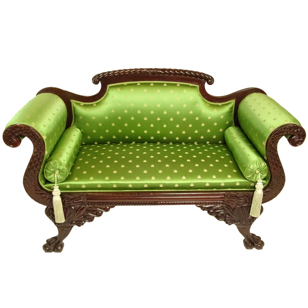 Early 20th Century American Federal Style Carved Wood Love Seat with Silk Upholstery.