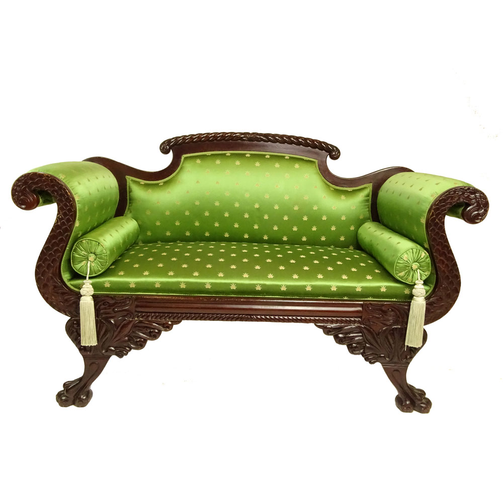 Early 20th Century American Federal Style Carved Wood Love Seat with Silk Upholstery.