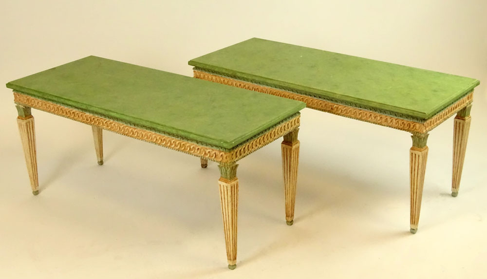 Pair mid 20th Century carved and faux painted wood coffee tables/benches.