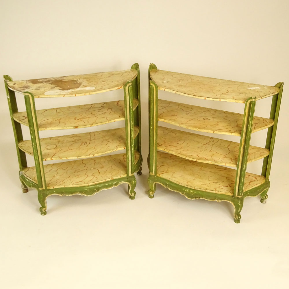 Pair of early to mid 20th Century Louis XV style distress painted wood etageres.