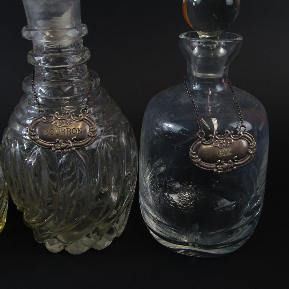 2 Pair Vintage Glass Liquor Decanters, each with sterling silver labels. 