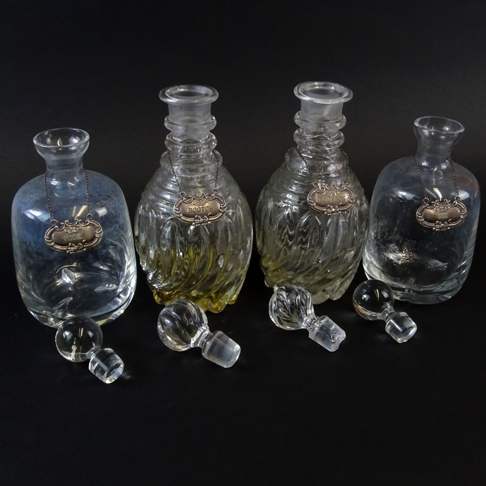 2 Pair Vintage Glass Liquor Decanters, each with sterling silver labels. 