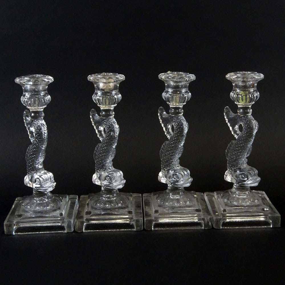 Collection of 4 Vintage Glass Dolphin Candlesticks.