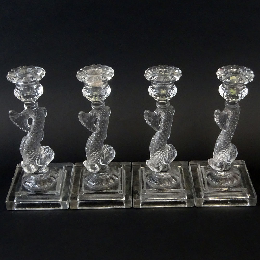 Collection of 4 Vintage Glass Dolphin Candlesticks.