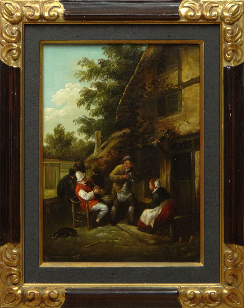 19th Century Dutch Oil on Cradled Oak Panel "Villagers". 