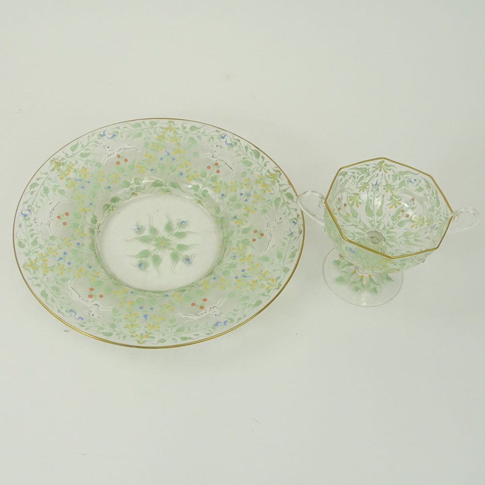 Vintage Hand painted Venetian Glass Plate and Cup Set.