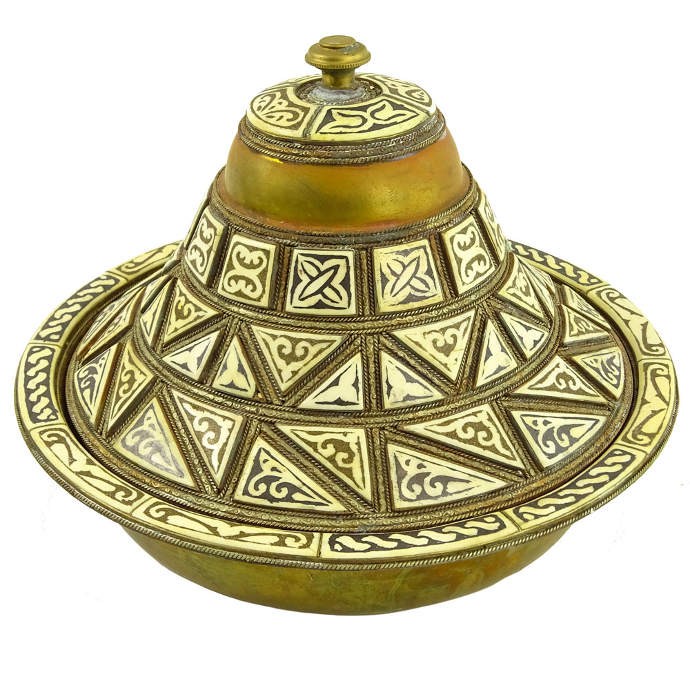 Vintage Moroccan Brass and Inlaid Bone Tagine.