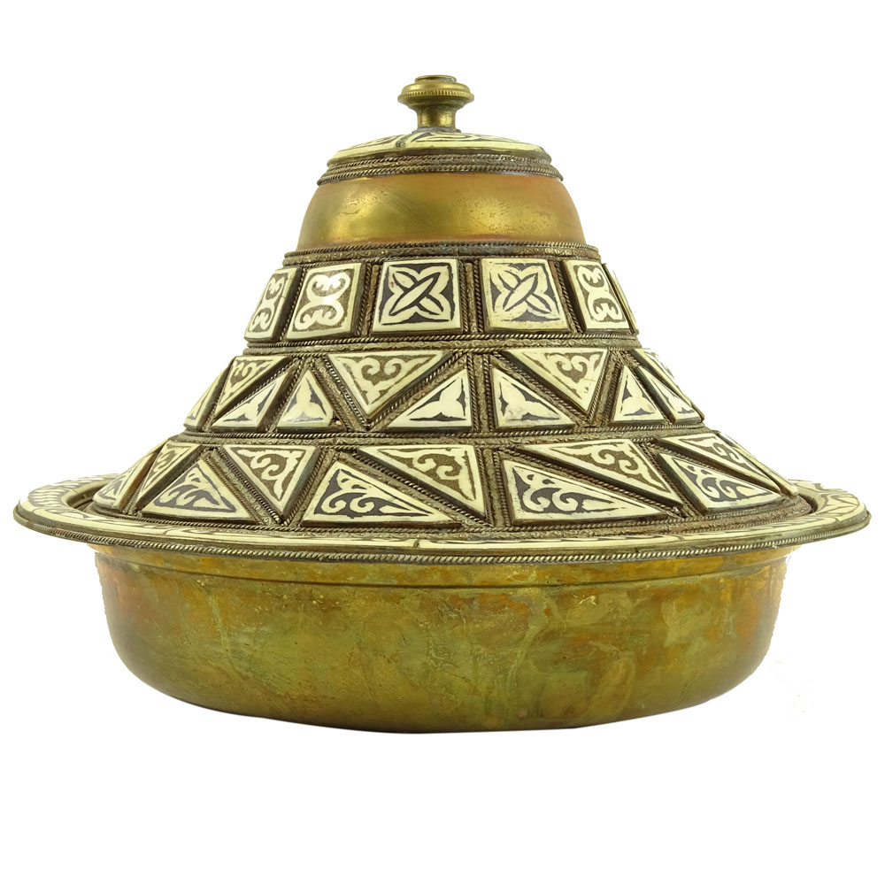 Vintage Moroccan Brass and Inlaid Bone Tagine.