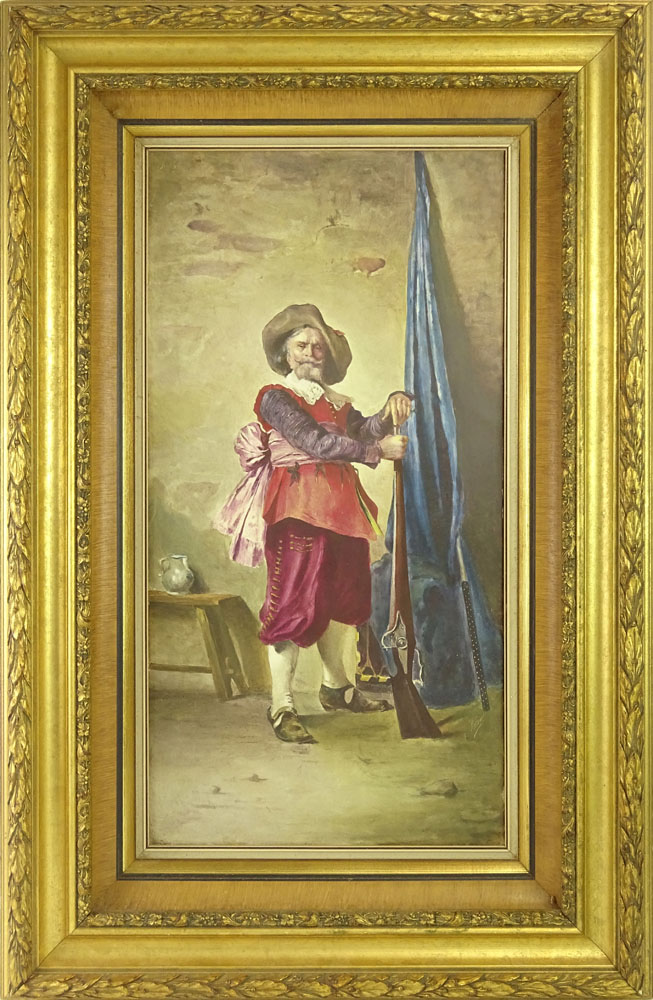 Large Circa 1870 Probably French Painted Porcelain Plaque "Cavalier with Musket". 