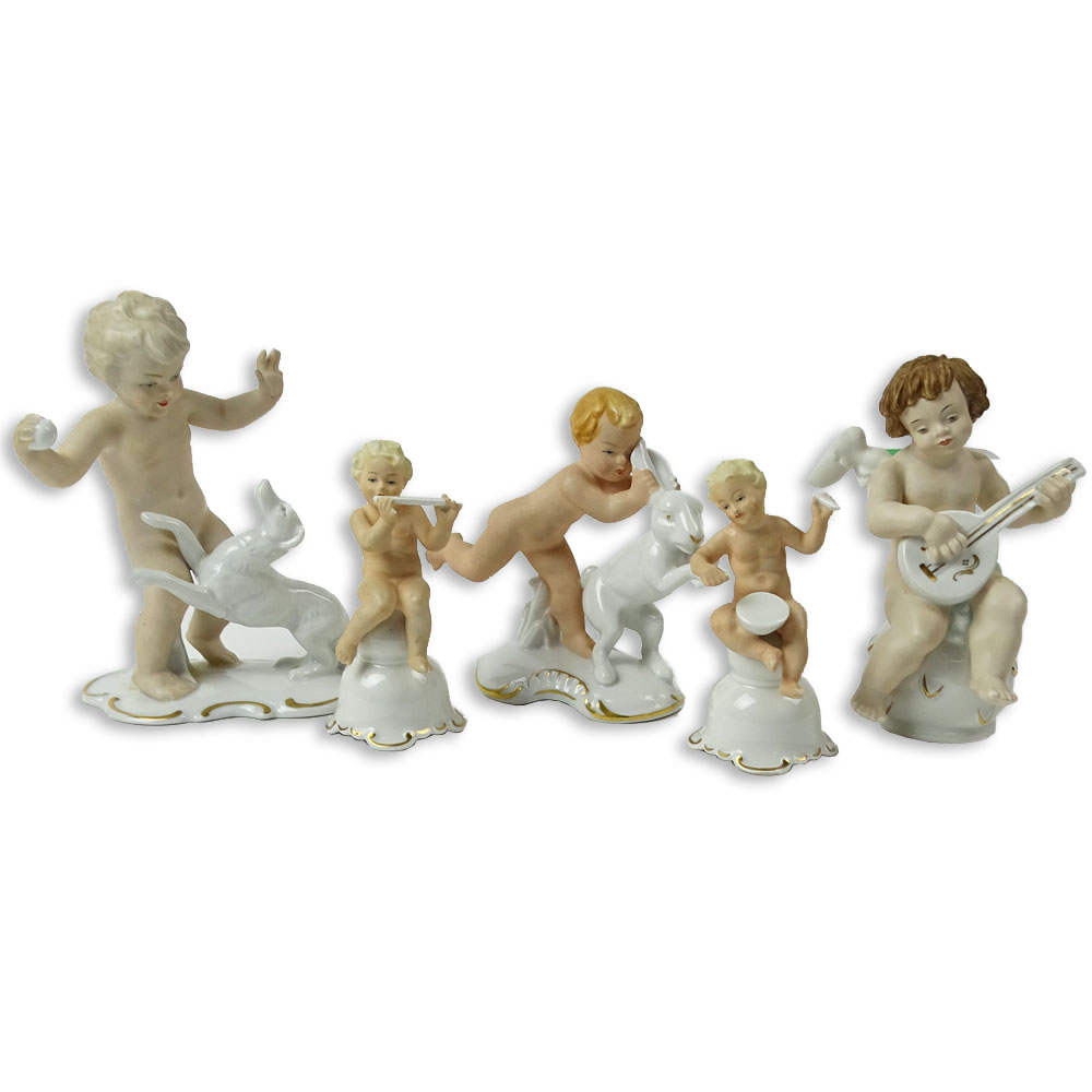 Lot of Five (5) Vintage German Porcelain Cherub Figurines.