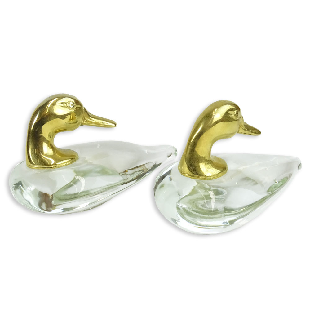 Pair of Vintage Glass and Brass Duck Figurines.