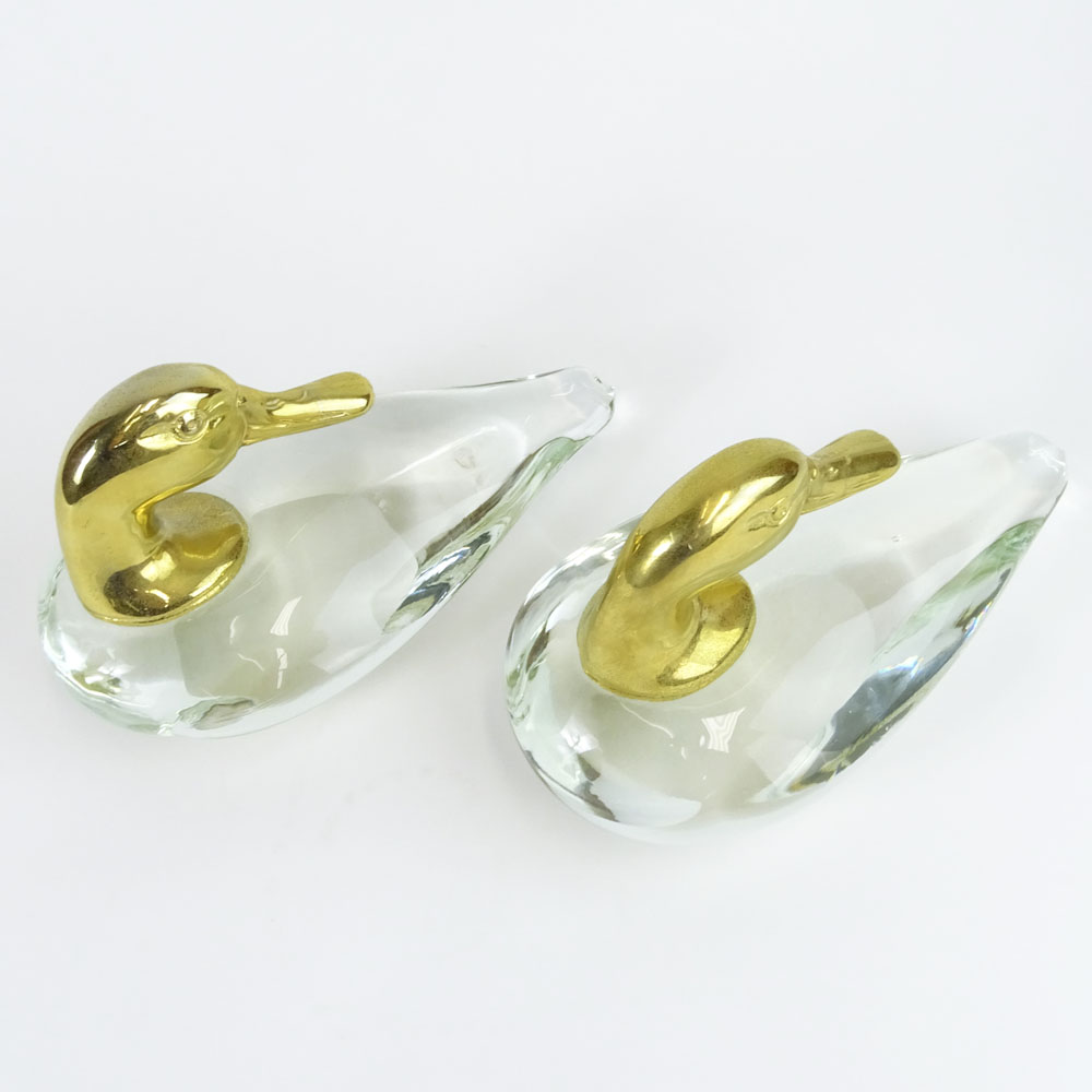 Pair of Vintage Glass and Brass Duck Figurines.
