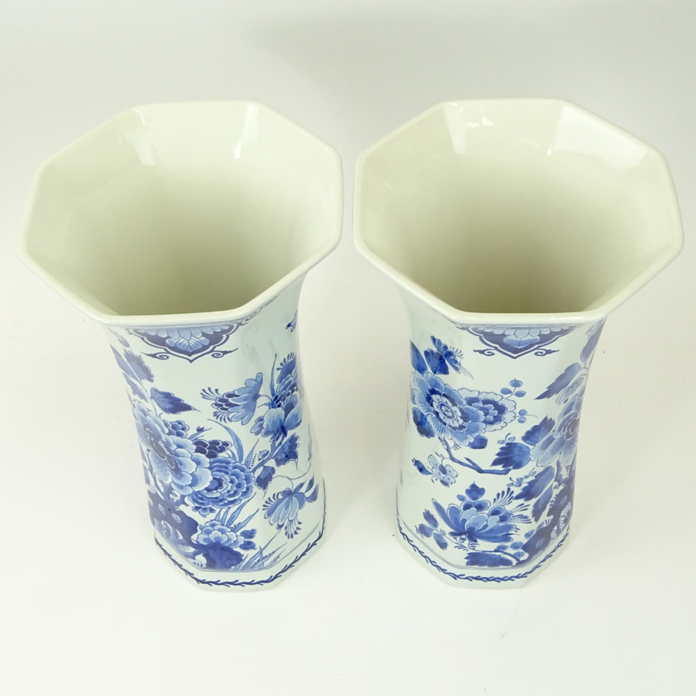 Pair of Delft Blue & White Octagonal Flared Rim Vases.