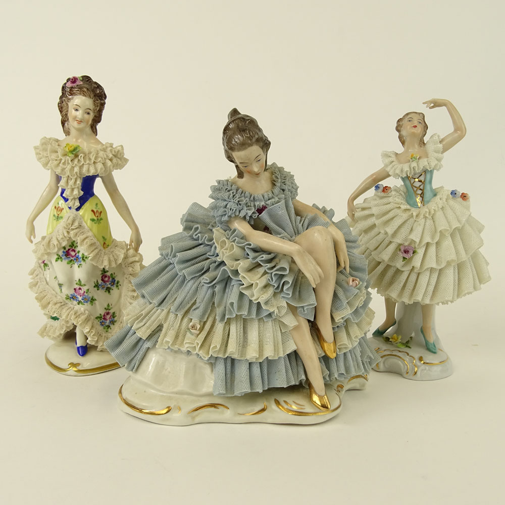 Lot of Three (3) Vintage Dresden Porcelain Lace Ladies.