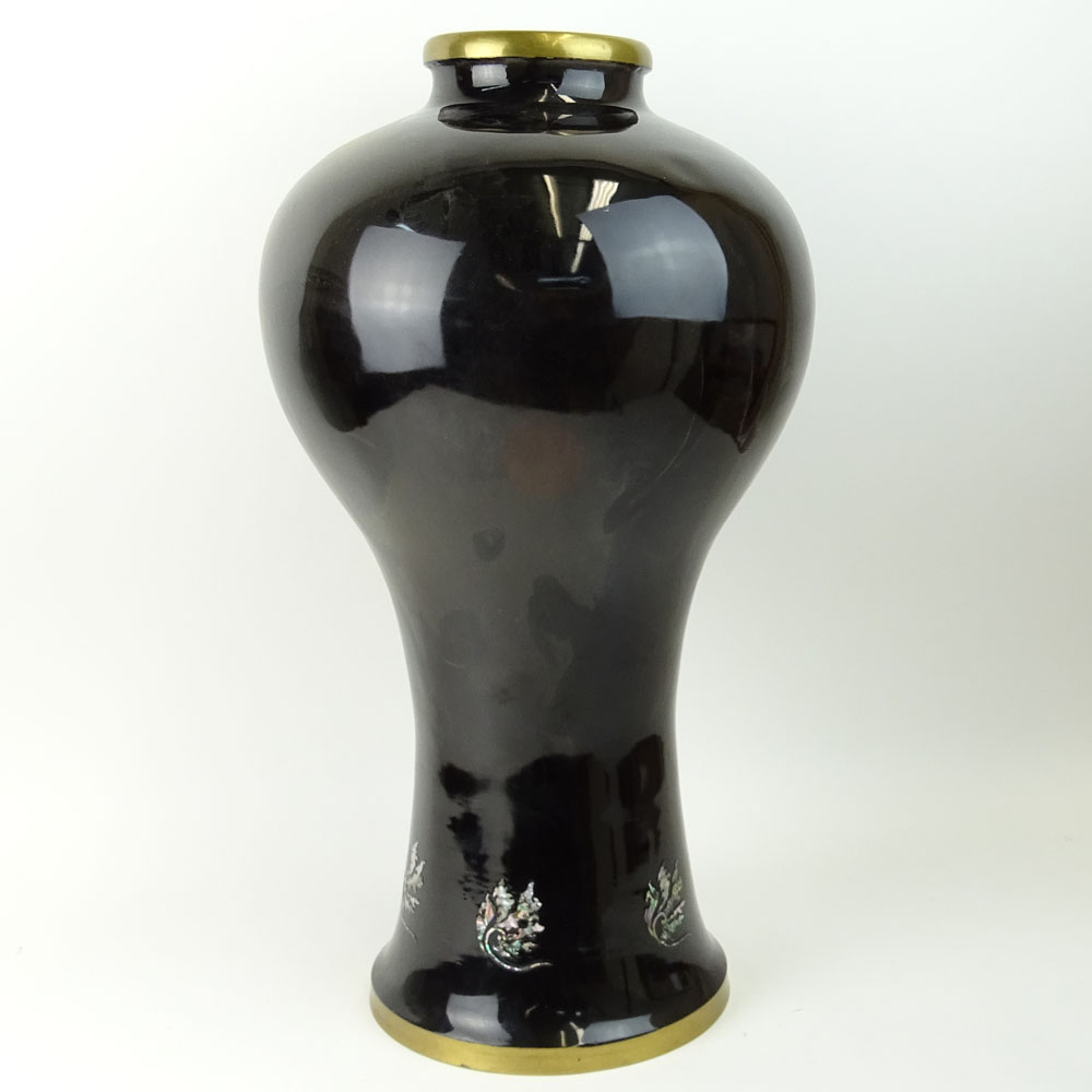 Large Mid 20th Century Korean Mother of Pearl Inlaid Enamel Vase.