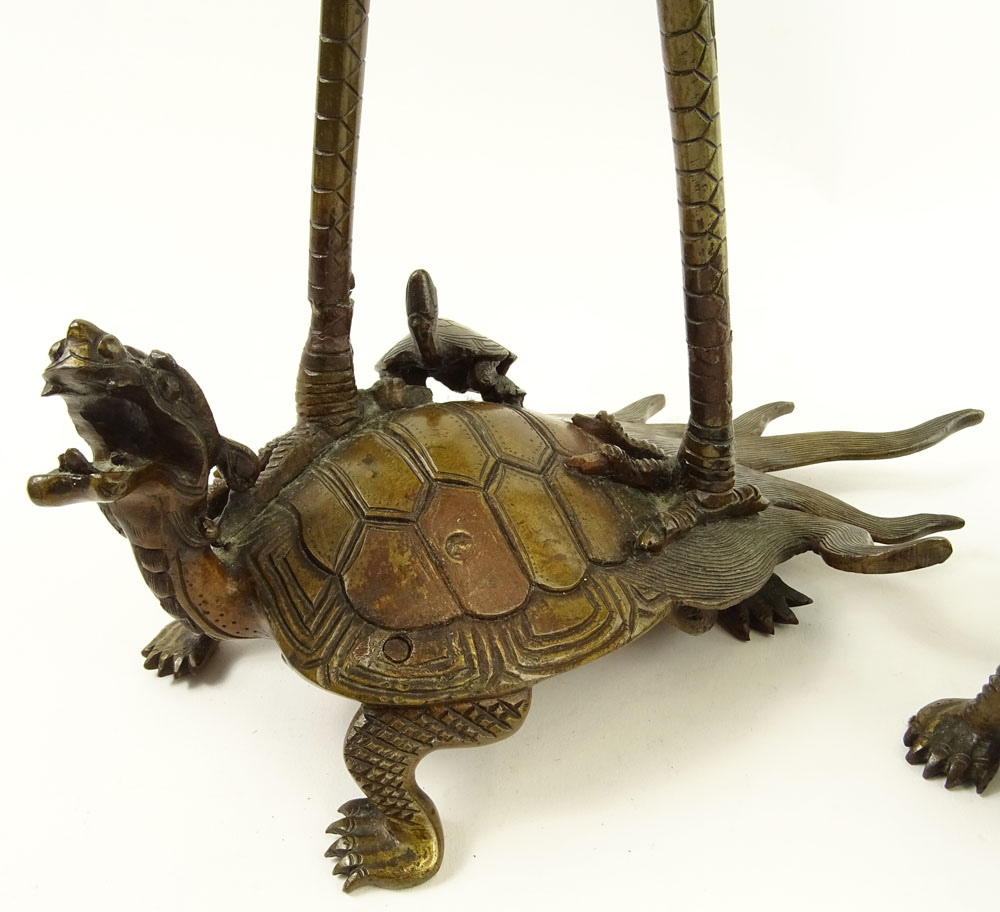Pair of Mid 20th Century Japanese Bronze Figurines "Crane on Turtle" 