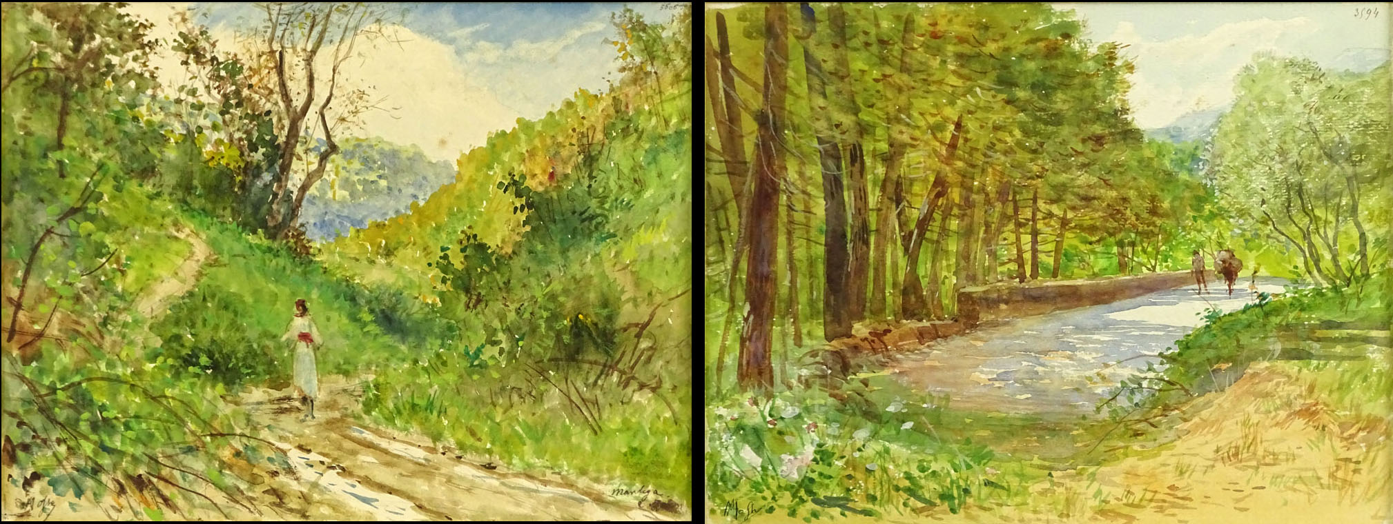 Alexis Mossa, Belgian (1844-1926) Pair watercolor "Country Roads" 