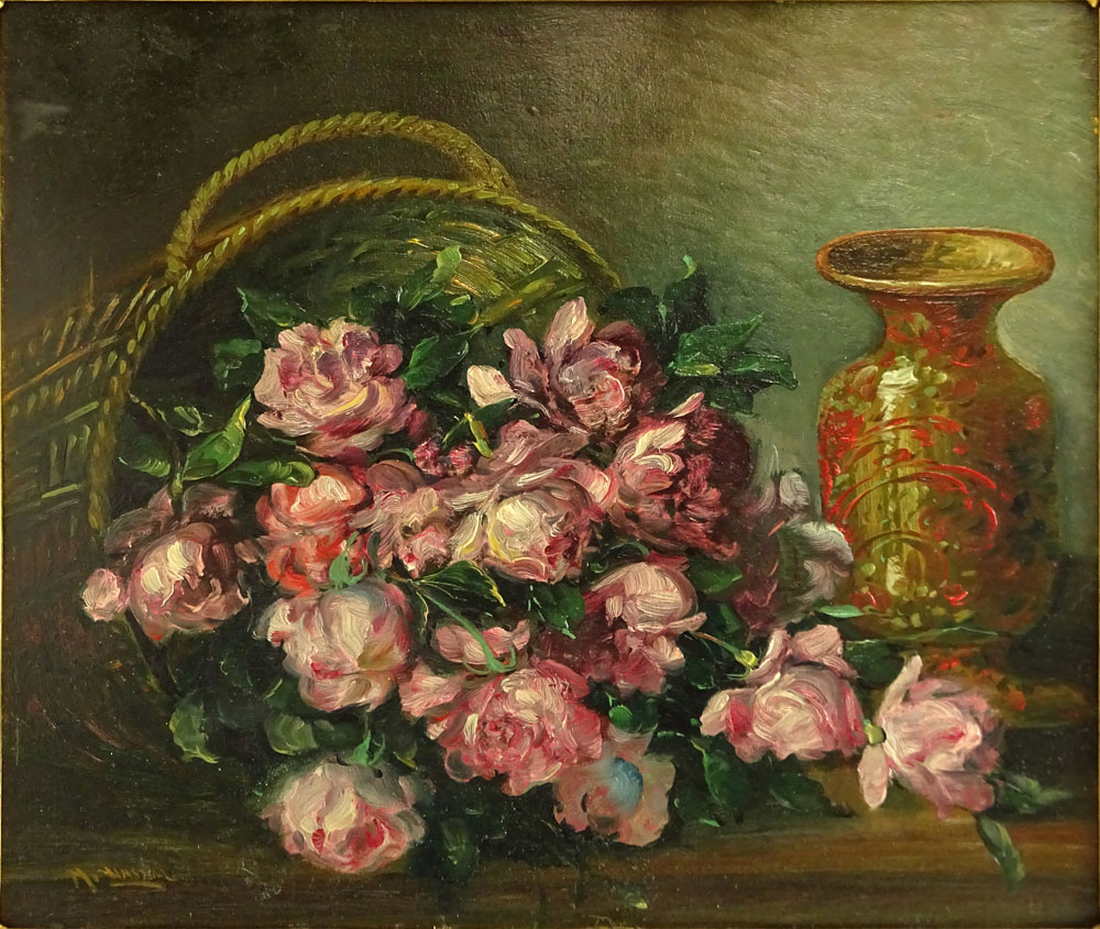 Maximillian Wassini (20th C) Oil on artist board. "Still Life - Basket of Flowers" 