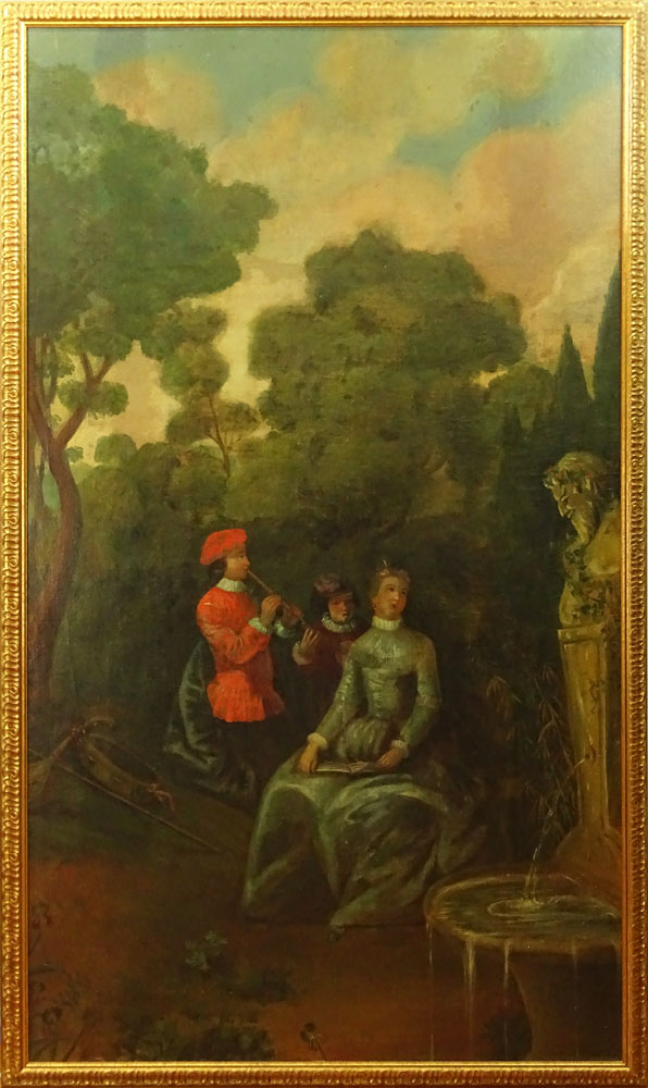 17th Century Style French Boiserie Oil on Canvas. "Garden Landscape With Figures"