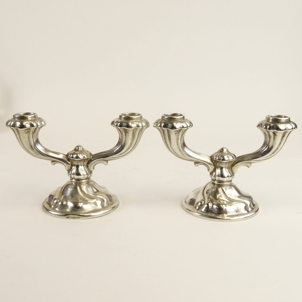 Pair German 835 Silver 2 Light Candlesticks. Signed 835. Light dings, bottoms with metal plates.