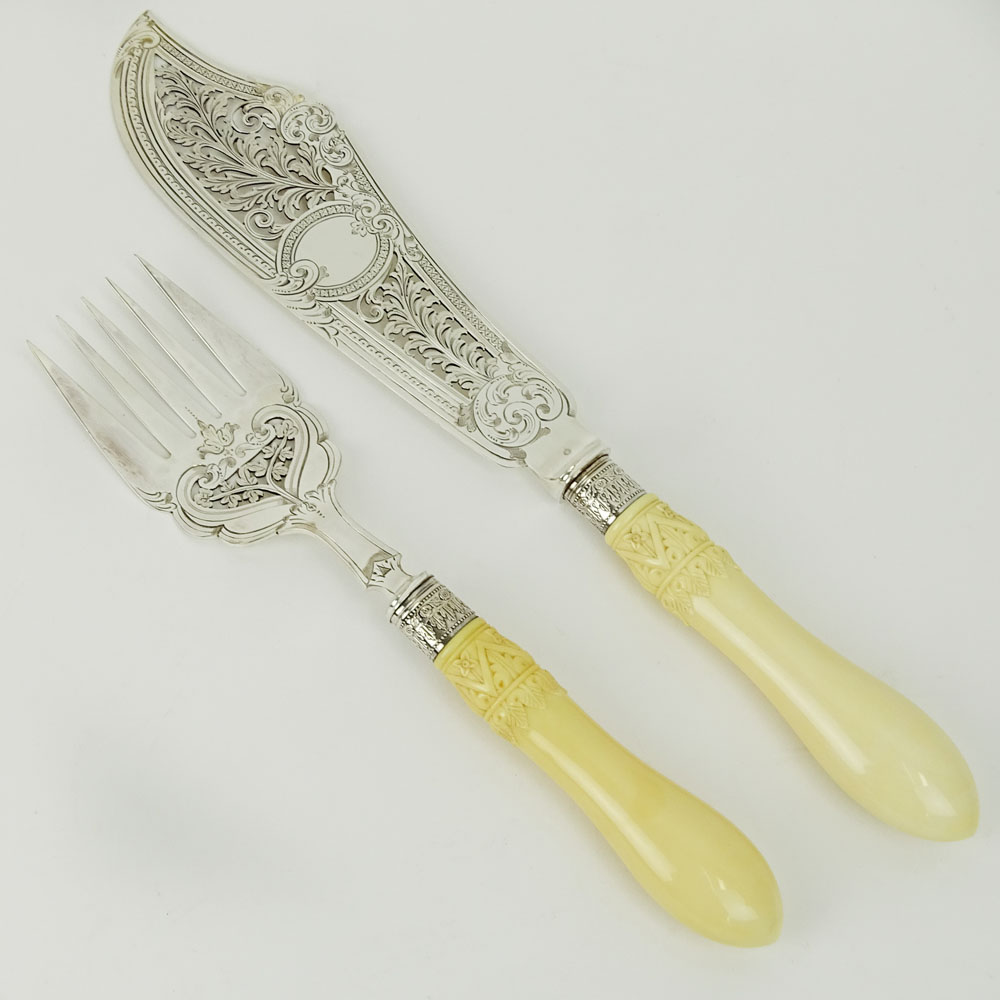 19th Century Victorian Sheffield Sterling Silver Fish Set With Carved Ivory Handles.