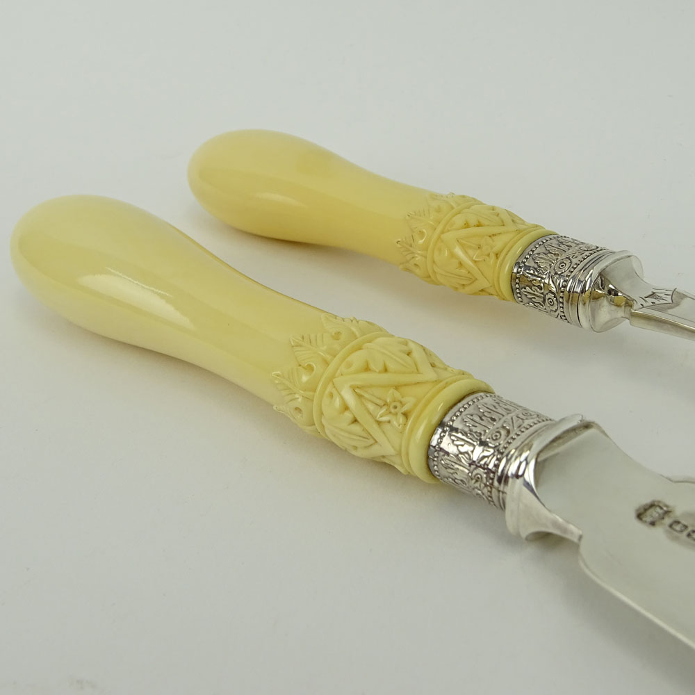 19th Century Victorian Sheffield Sterling Silver Fish Set With Carved Ivory Handles.