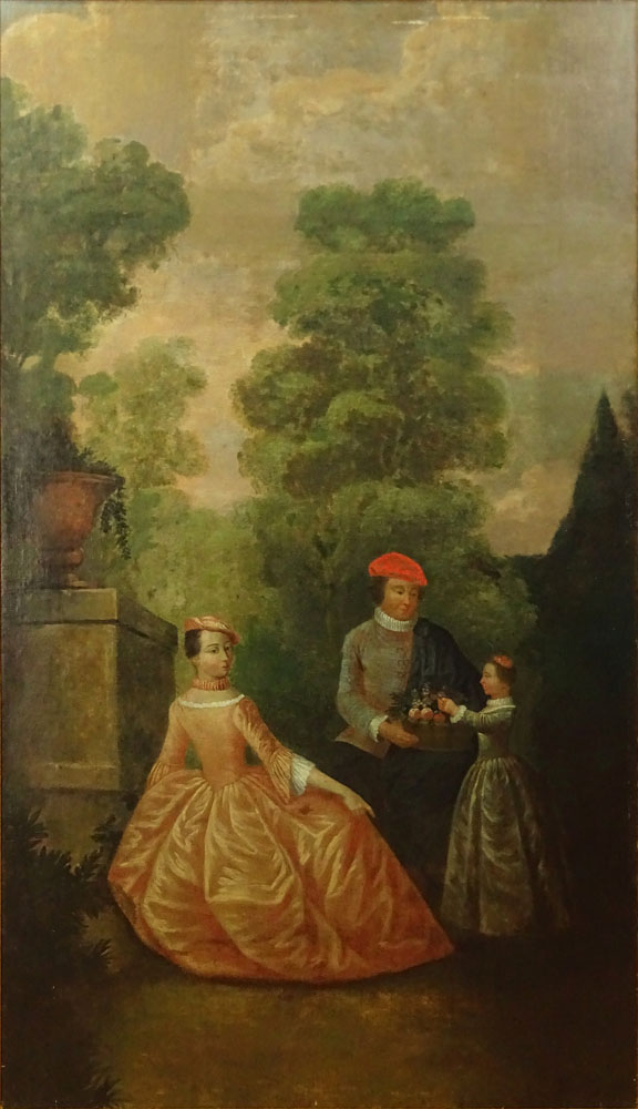 17th Century Style French Boiserie Oil on Canvas. "Garden Landscape With Figures".