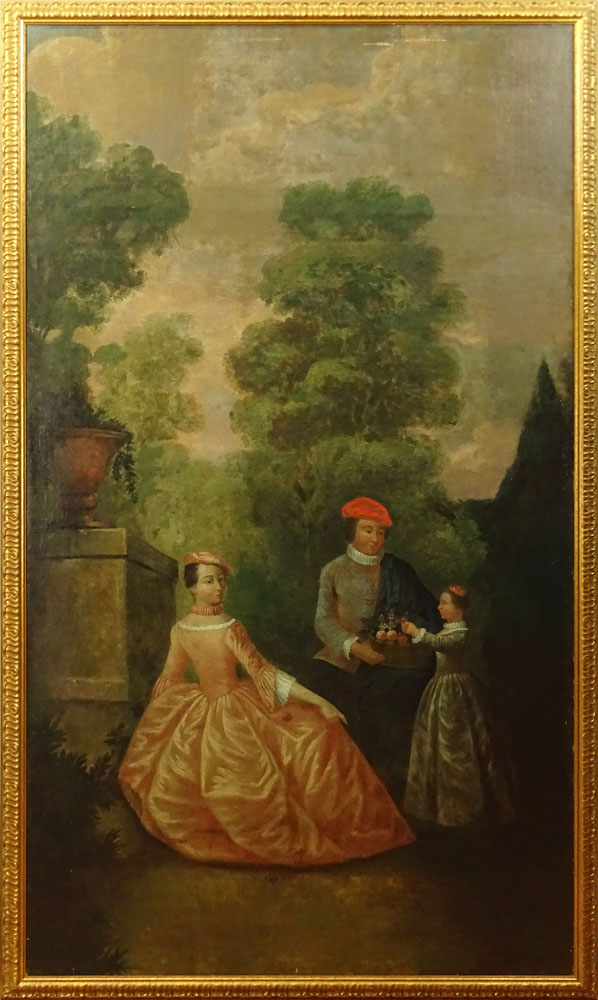 17th Century Style French Boiserie Oil on Canvas. "Garden Landscape With Figures".