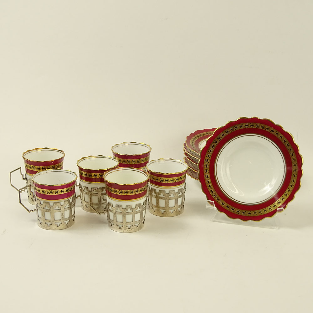 Set of 12 Mid 20th Century Aynsley Porcelain Demitasse Cups in Sterling Silver Holders and Saucers In Original Fitted Shagreen Covered Case.