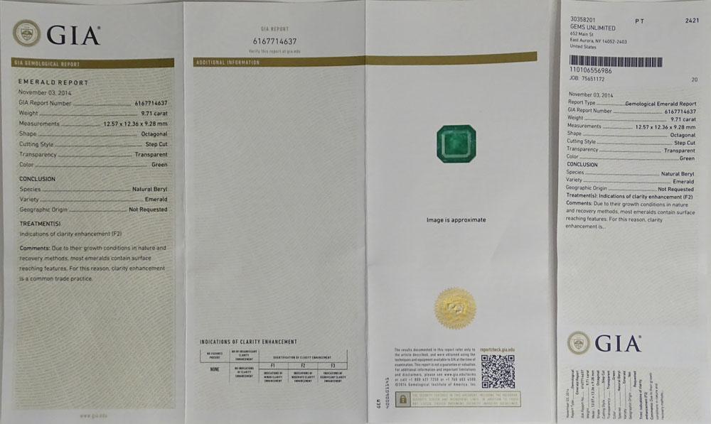 GIA Certified 9.71 Carat Octagonal Step Cut Emerald, approx. 1.21 Carat Round Cut Diamond and 18 Karat White Gold Ring. 