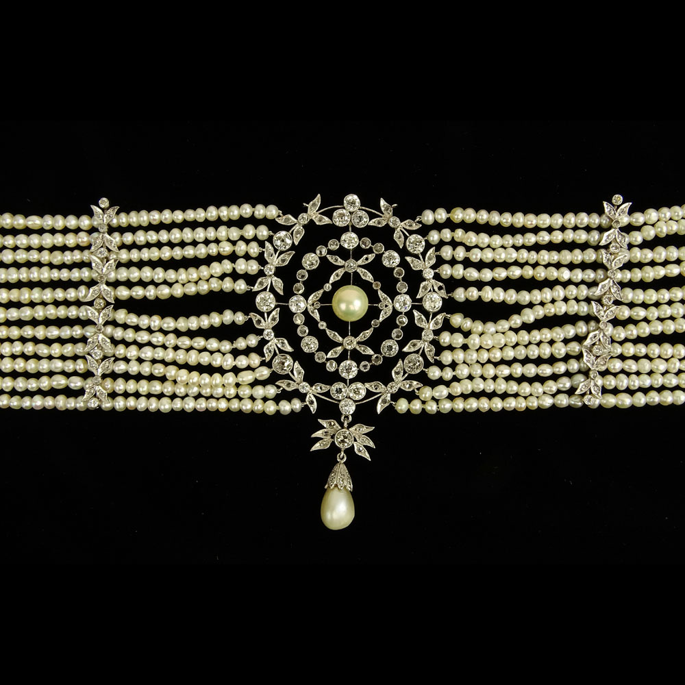 Edwardian Diamond, Pearl and Platinum Choker Necklace. 