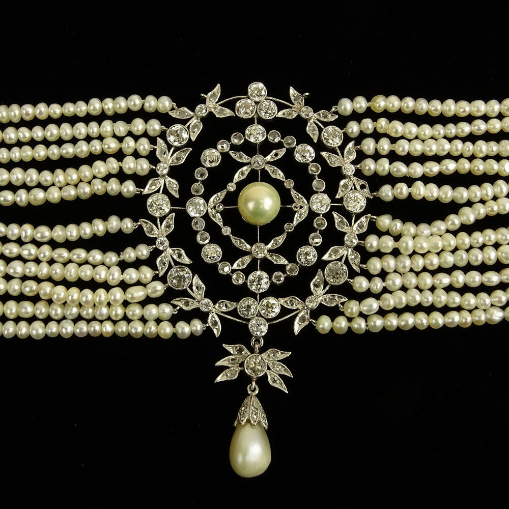 Edwardian Diamond, Pearl and Platinum Choker Necklace. 