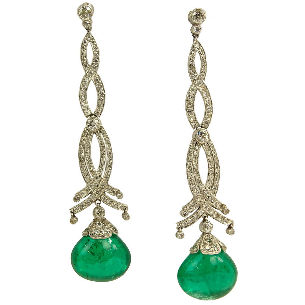 Beautiful Pair of approx. 25.0 Carat Colombian Emerald and Platinum Chandelier Earrings.