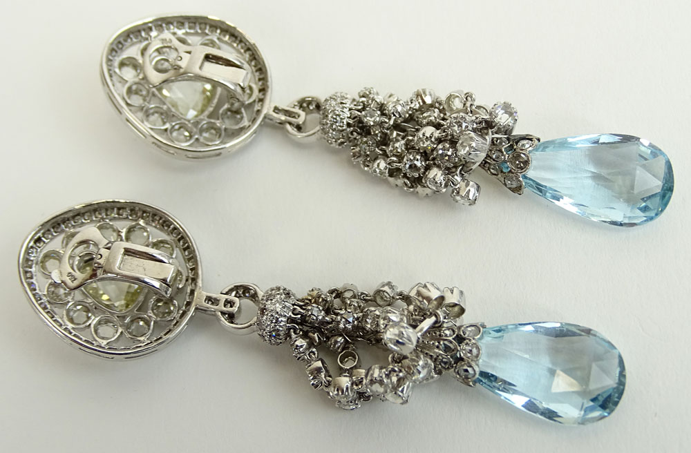 Important Pair of Fred Leighton approx. 14.50 Carat Rose Cut Diamond, 20.0 Carat Briolette Aquamarine and 18K White Gold Chandelier Earrings.