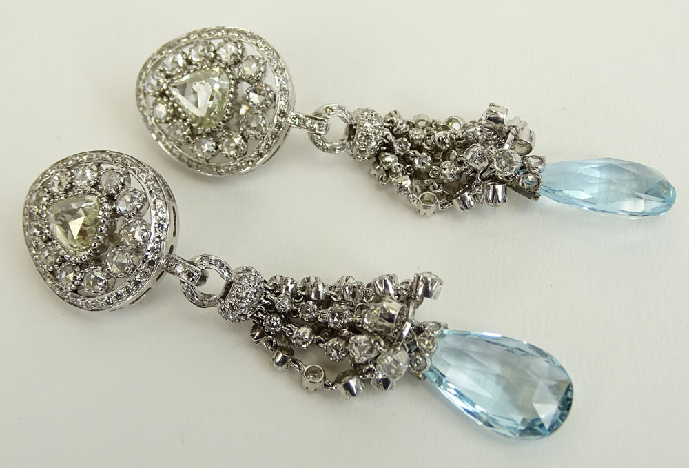 Important Pair of Fred Leighton approx. 14.50 Carat Rose Cut Diamond, 20.0 Carat Briolette Aquamarine and 18K White Gold Chandelier Earrings.