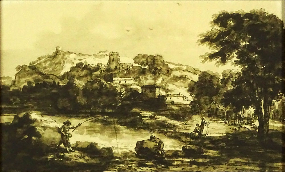 18th Century Continental Ink Wash on paper. "Landscape with Figures" Unsigned.