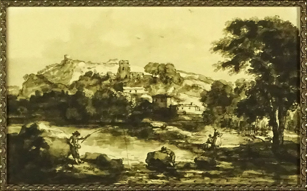 18th Century Continental Ink Wash on paper. "Landscape with Figures" Unsigned.